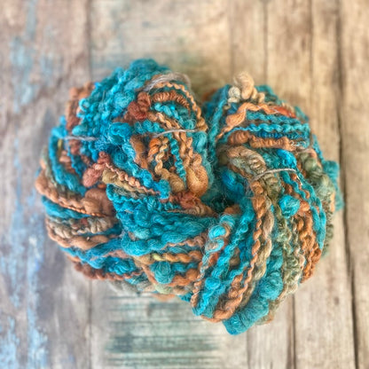 Rust Tide Bouclé Handspun Hand Dyed Alpaca Art Yarn in Teal Brown Rust