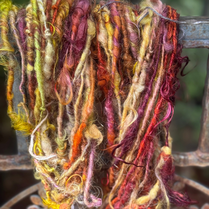 Icelandic wool art yarn with locks handspun, hand dyed